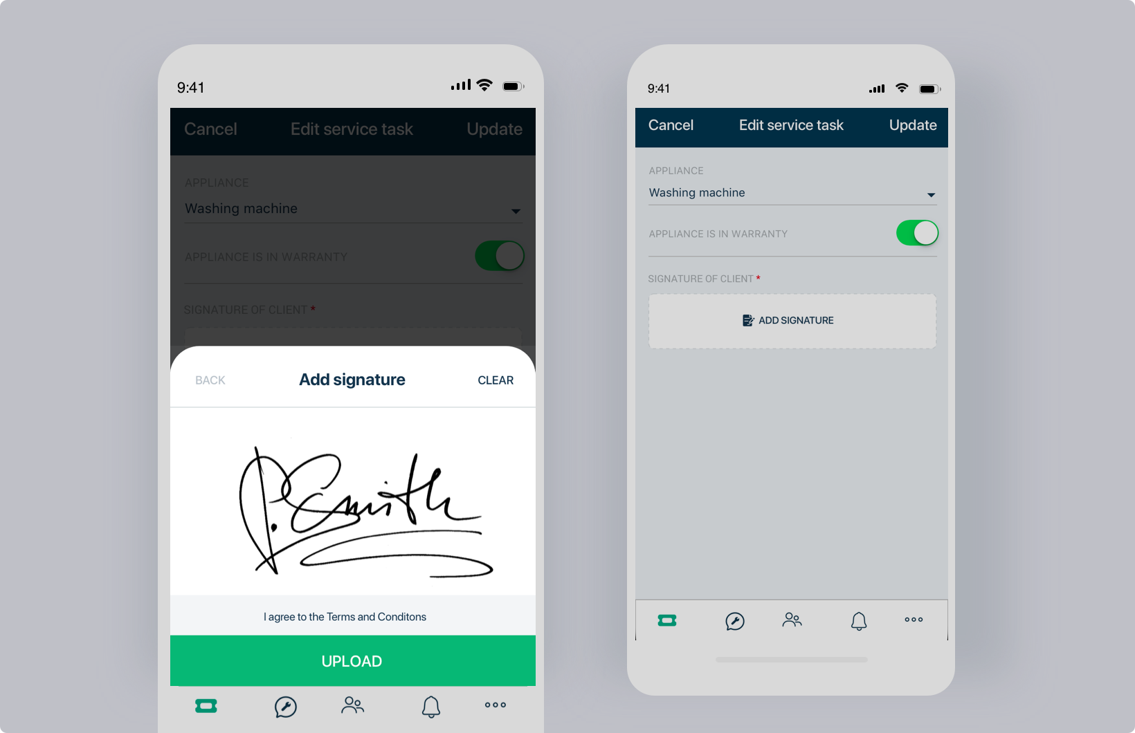 Os agentes de campo podem receber assinaturas digitais dos clientes, cada vez que terminam um trabalho.